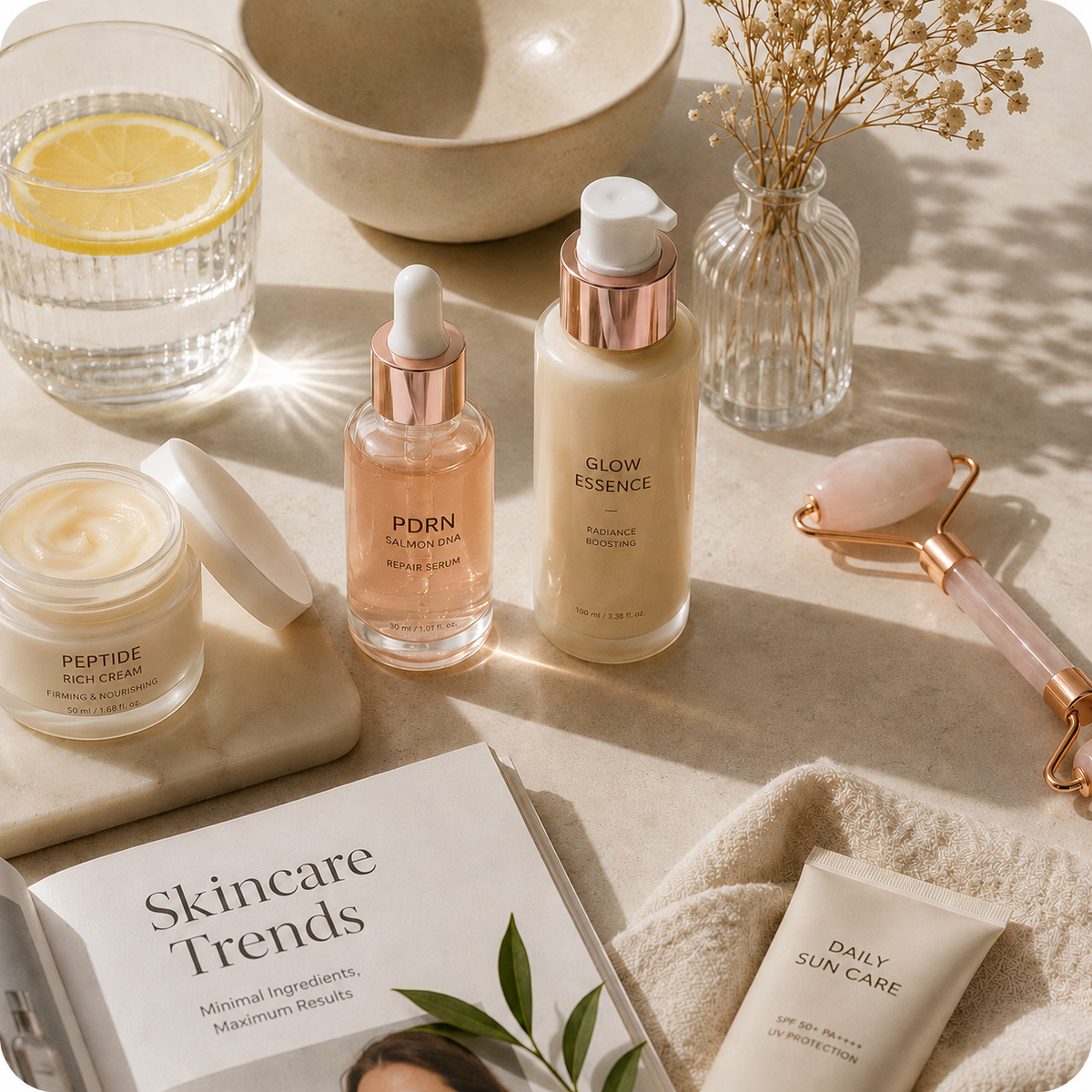 Productos de skincare y rutina de cuidado facial sobre una mesa