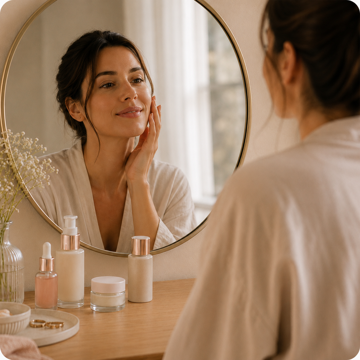 Mujer aplicando productos de cuidado facial frente al espejo