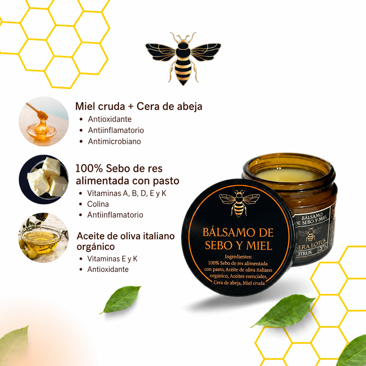 Bálsamo de miel y sebo de res (60g).